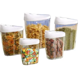 OEM Juego De 5 Recipientes Transparentes Herm&eacute;ticos Para Almacenar Alimentos, Cereales, Frutas Secas Y Otros Productos: 1440 Ml, 960 Ml, 720 Ml, 480 Ml, 3