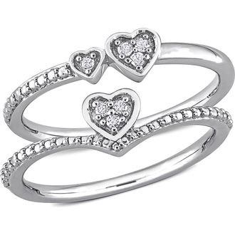 Delmar Set of 2 Sterling Silver Pav&eacute; Diamond Heart Stackable Rings - 0.07ct. in White at Nordstrom Rack, Size 6