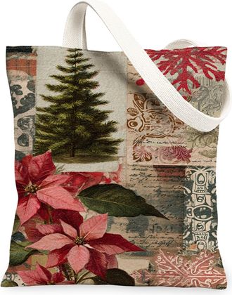 Generic Christmas Floral Canvas Tote Bags, Poinsettia and Pine Pattern Reusable Grocery Bags, Festive Rustic Lightweight Washable C, Red, 13x15 Inch