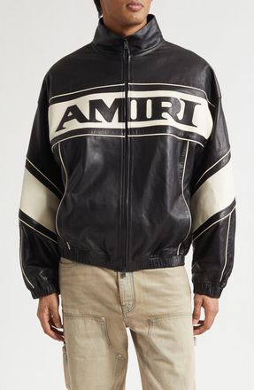 Amiri Sport Logo Lambskin Leather Jacket in Black at Nordstrom, Size 46 Us