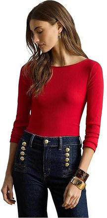 Lauren Ralph Lauren Rib-Knit Cotton-Blend Boatneck T-Shirts Womens Clothing Cruise Red : XS, Cotton/Elastane/Modal