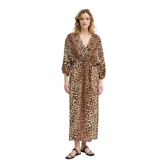 Lola Casademunt Kleedjes, Dames, Bruin, XS, Leer, Lange jurk met gedrapeerde taille