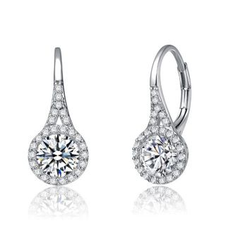 Rachel Glauber White Gold Plated Clear Round Cubic Zirconia Partially Paved and Haloed Solitaire Drop Earrings