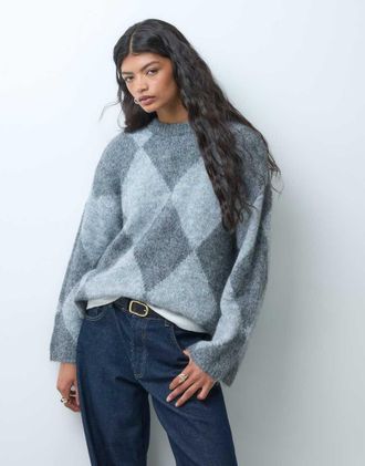 Noisy May maglione oversize spazzolato a girocollo con motivo argyle grigio