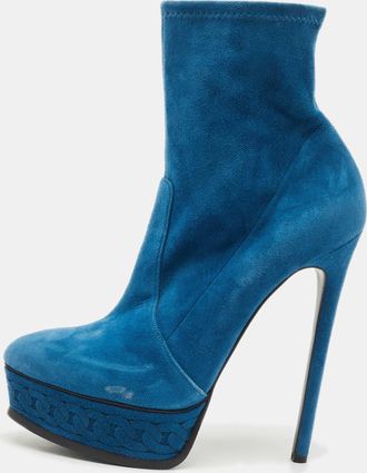 Casadei Blue Suede Chain Embossed Ankle Sock Boots