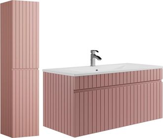 Vente-Unique Mueble de ba&ntilde;o suspendido estriado rosa con lavabo encastrado y columna - 100 cm - SATARA