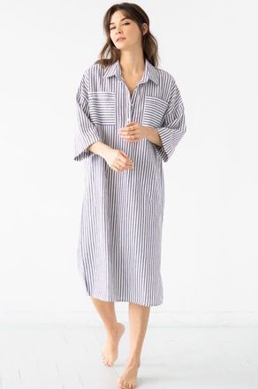 Salua Oversized Button Down Long Shirt in Navy Stripes at Nordstrom, Size X-Small