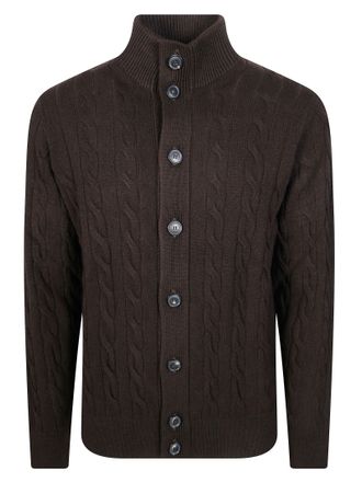 FILIPPO DE LAURENTIIS Brown Cable Knit Stand-Up Collar Bomber Jacket