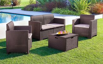 Dmora Dmora - Conjunto De Sal&oacute;n Exterior Dmotto, Conjunto De Jard&iacute;n Con Cojines, Conjunto De Sal&oacute;n Interior Efecto Rat&aacute;n, 100% Made In Italy, Marr&oacute;n