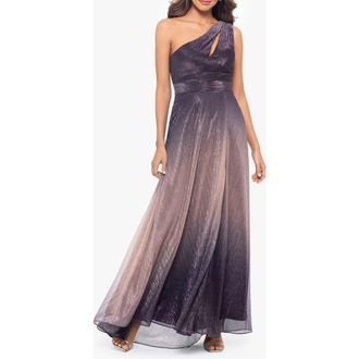 Betsy & Adam One-Shoulder Metallic Crinkle Ombr&eacute; Gown in Plum/Rose at Nordstrom, Size 6