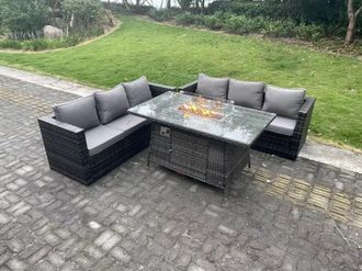 Fimous 6 Seater Outdoor Rattan Sofa Set Garden Furniture Gas Firepit Set Dining Table Heater Dark Grey Mixed