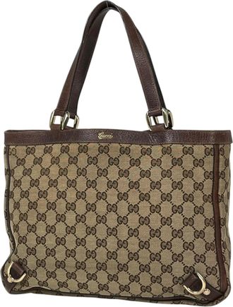 Gucci Abbey Beige Brown Gg Canvas Leather Tote Bag (Pre-Owned)