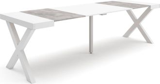 Skraut Home Skraut Home - Mesa Consola Extensible, Mesa Comedor Plegable, 260, Para 12 Comensales, Patas Madera Maciza, Estilo Moderno, Blanco Y Gris Cemento