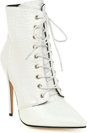 Generic Womens Lace-Up Front Ankle Boots with Pointed Toe & Stiletto Heel Fashionable Style for Evening and Party Wear,White,1.5 UK