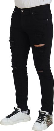 Dolce & Gabbana Mens Black Slim Fit Tattered Denim Cotton Jeans Clothing