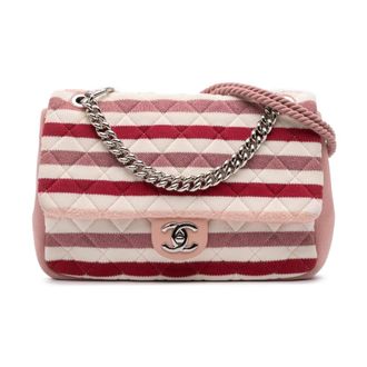 Chanel Pre-owned Jumbo Stripe Jersey Felt and Rope Flap Satchel - Dames - Pre-owned - Roze - Maat: ONE Size Jersey
