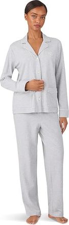 Lauren Ralph Lauren Jaquard Lounge Long Sleeve Notch Collar Long Pant Pajama Set Womens Pajama Sets Grey : XL (US 16-18), Cotton