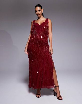 Asos Vestito lungo rosso ciliegia decorato con frange con strato inferiore a brassi&egrave;re in pizzo e scollo ad anello