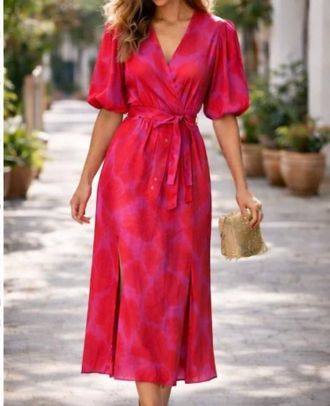 Maggy London Puff Sleeve Floral Midi Dress In Pink