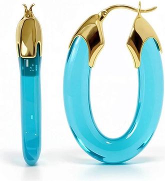 Gold & Honey Womens Carved Oval Lucite Birthstone Hoop Earrings In March - Aquamarine