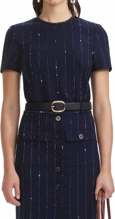 Self Portrait Rhinestone Pinstripe Top In Navy