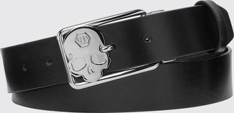 Philipp Plein Smooth Leather Belt with Skull and Hexagon Logo Buckle