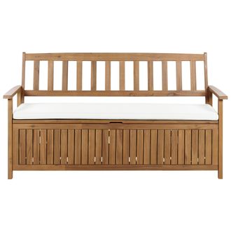 Beliani Banco De Jard&iacute;n Con Almacenaje De Madera Maciza De Acacia R&uacute;stico 160 Cm Con Coj&iacute;n Blanco Crema Sovana