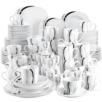 OEM Vajilla De Porcelana De 50/100 Piezas, Apta Para Microondas Y Lavavajillas, Dise&ntilde;o De Rayas Negras