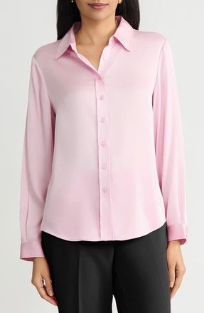 Kasper Point Collar Satin Button-Up Shirt in Whisper Pink at Nordstrom, Size X-Large