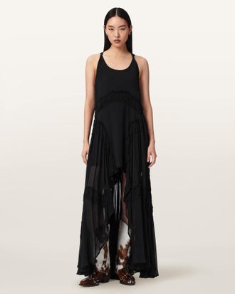 AllSaints Polyester Dorina Sleeveless Ruched Maxi Dress, Size: UK 14/US 10