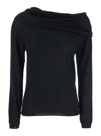 Semicouture Black Off-Shoulder Sweater Wirh Ribbed Trims In Wool Woman