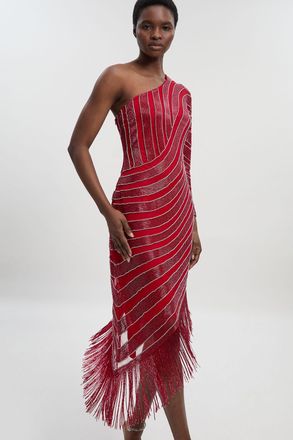 Karen Millen Womens Thigh High Split Embellished Woven Fringed Midi Dress - Red - Size 16 UK