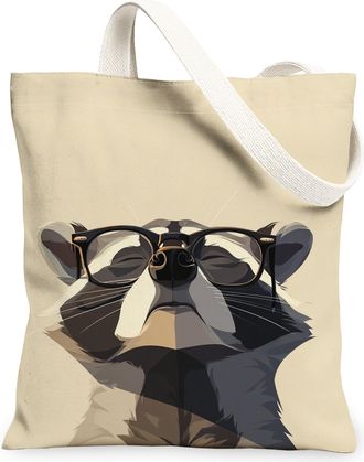 Generic Raccoon Canvas Tote Bag, Cute Animal Design Reusable Shopping Bags, Lightweight Washable Shoulder Strap Tote for Everyday U, Beige, 13x15 Inch