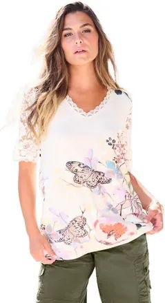 Roaman's Plus Size Lace Sleeve Printed Tee in Multi Butterfly Garden at Nordstrom, Size 32