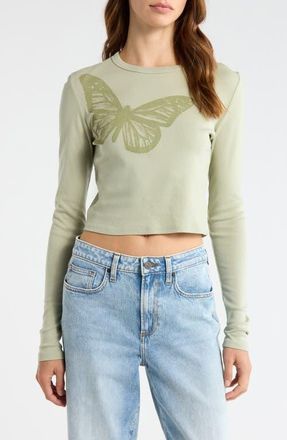 PacSun Butterfly Long Sleeve Cotton Graphic T-Shirt in Green at Nordstrom, Size Xx-Small