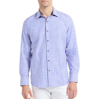 Robert Graham Fardella Stripe cotton button up in Indigo at Nordstrom, Size Xxx-Large