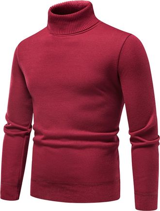 Generic Mens Autumn, Winter Turtleneck Pullover Sweater Red Solid Color - Full Length Long Sleeve - Turtle Neck - Classic Style - Cable, Rib Weave - Thermal -