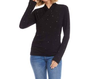 Karen Kane Lyra Long Sleeve Embellished Drape Front Crossover Top In Black