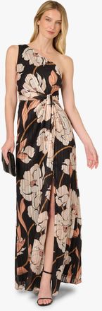 Adrianna Papell Womens Draped Floral Ribbon Gown - Black - Size 16 UK