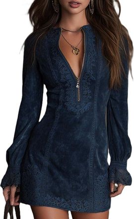 Generic Womens Suede Dress V-Neck Zip-up Lace-Accent Western Cowgirl Trim Long Sleeve Solid Retro Mini Dress (Navy Blue,S)