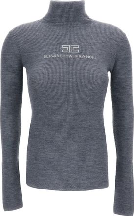Elisabetta Franchi Grey Ribbed Tricot Stretch Wool Turtleneck
