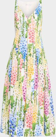 Oscar De La Renta Foxglove-Print Pleated Poplin Zip-Front Midi Dress