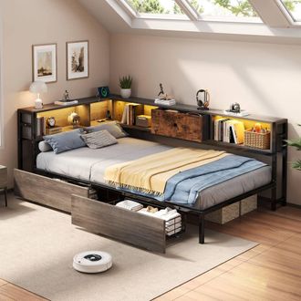 Merax 3ft Single Daybed with LED & Charging Station Bookcase Headboard in Brown