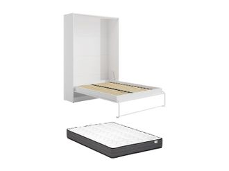 Vente-Unique Cama abatible 160 x 200 cm - Apertura vertical manual - Blanco + Colch&oacute;n - BEGANIO