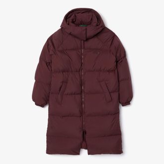 Lacoste Womens Long Oversized Down Logo Jacket in Brown - Size 8 UK