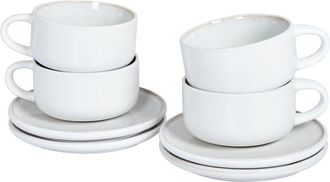 Beliani Beliani - Conjunto De 4 Tazas Con Platillos Para T&eacute; Caf&eacute; De Gres Caol&iacute;n Artesanal Acabado Esmalte Reactivo Blanco Sesame