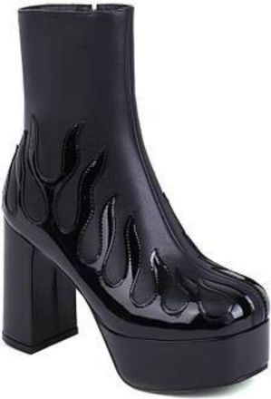 Generic Womens Chunky High Heel Platform Boots Closed Round Toe Punk Booties PU Leather Ankle Boots with Side Zipper,Black,5.5 UK