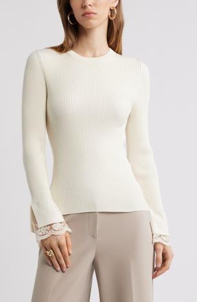 Nordstrom Lace Cuff Ribbed Sweater in Ivory Tofu at Nordstrom, Size Xx-Small