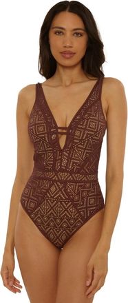 BECCA by Rebecca Virtue Color Play Swimsuits Womens Mocha Crochet Plunge One Piece GBO3609