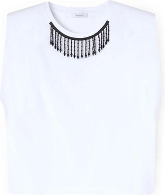 Motivi Top met franjes en kralen bij de ronde hals - Dames - Tops zonder mouwen - Wit - L - Katoen - Tops
